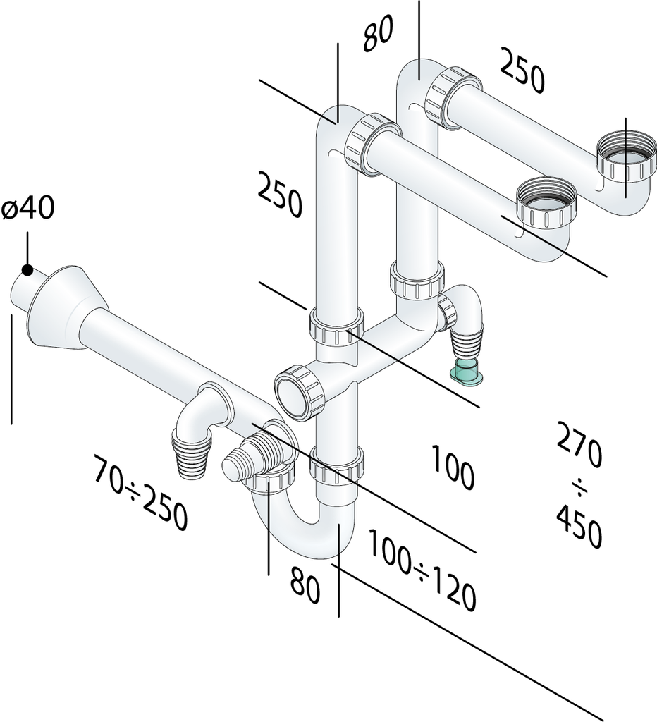 SIFONE SALVA-SPAZIO PP PER LAVABO 2 VASCHE D40 1"1/2